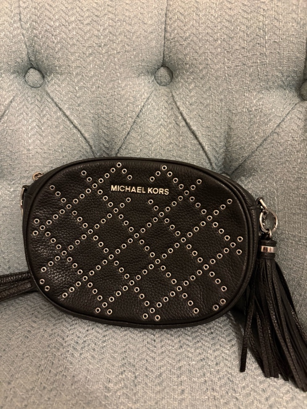 Michael Kors Black Leather Grommet Crossbody with Tassel Accent